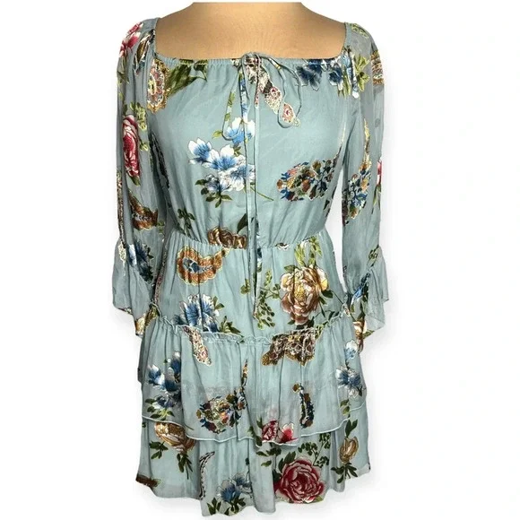 Alice + Olivia Aqua Multicolor floral Waylon Off-the-Shoulder Blouson Dress sz 6